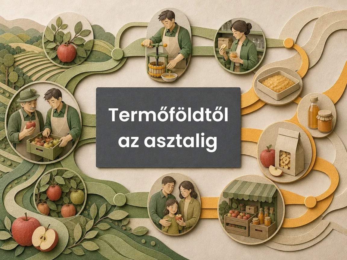 Rétegzett papírszalagok kapcsolják össze a helyi élelmiszer útját a termeléstől a feldolgozáson át a fogyasztóig.