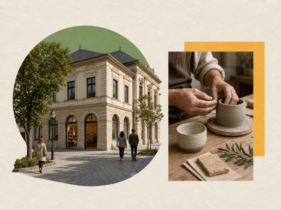 Megújított helyi kulturális épület és kerámiát készítő kézműves arculati fotókollázsa.